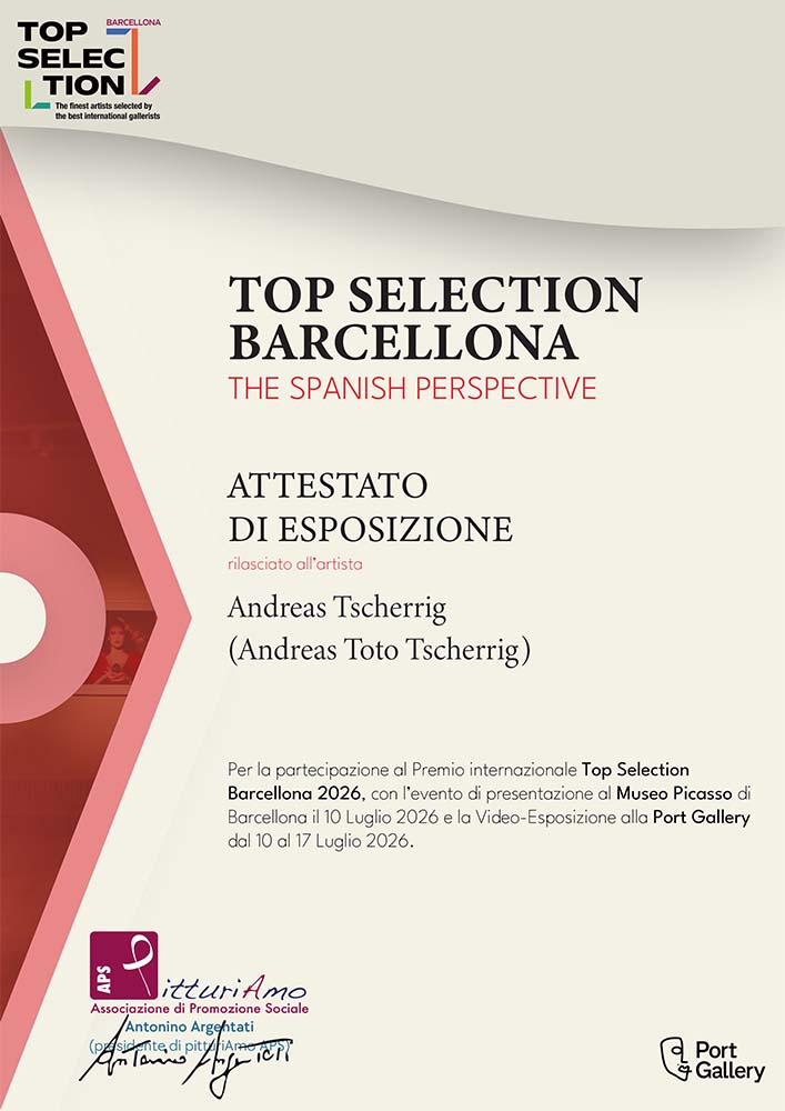 Attestation d’exposition délivrée à l’artiste contemporain Andreas Toto Tscherrig, à l’occasion du Prix Top Selection Barcelona 2026