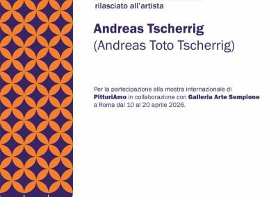 Certificat d' exposition à Rome décerné à l’artiste contemporain Andreas Toto Tscherrig