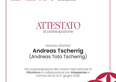 Certificat d'exposition à Cannes décerné à l’artiste contemporain Andreas Toto Tscherrig